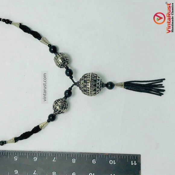 Artisan Black Boho Pendant Necklace | Rustic Boho Black Beaded Necklace - Picture 10 of 11